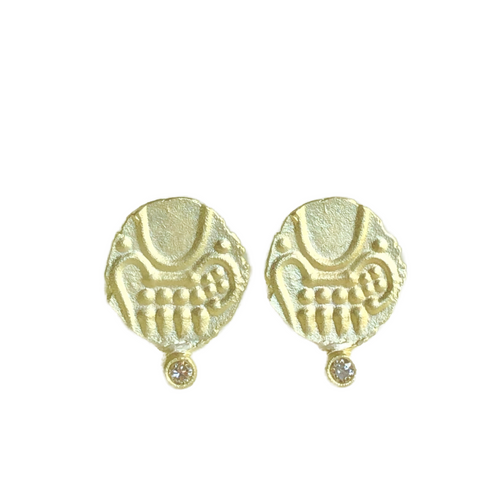 Gold earrings with a Medieval Indian Coin design on a white background